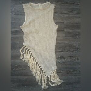 Cream Sleeveless Knit Top with Fringe two peice set